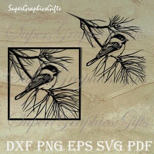 May include: Black metal bird art featuring two birds perched on branches. One bird is framed in a square, the other is free-standing. The birds have black heads and backs, with white and gray details. The image includes the text "SuperGraphicsGifts" and file type options.