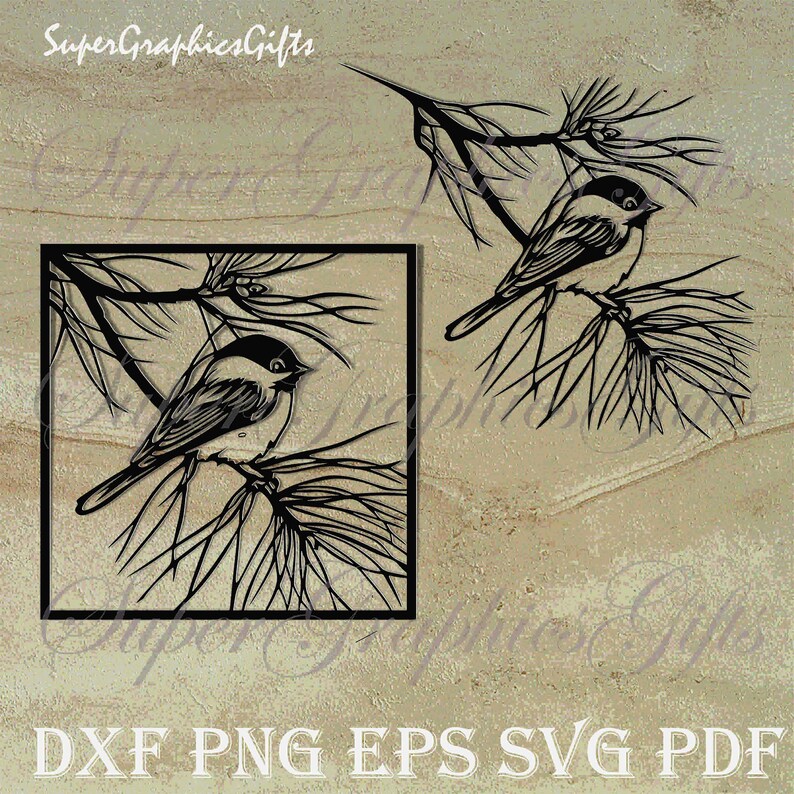 May include: Black metal bird art featuring two birds perched on branches. One bird is framed in a square, the other is free-standing. The birds have black heads and backs, with white and gray details. The image includes the text "SuperGraphicsGifts" and file type options.