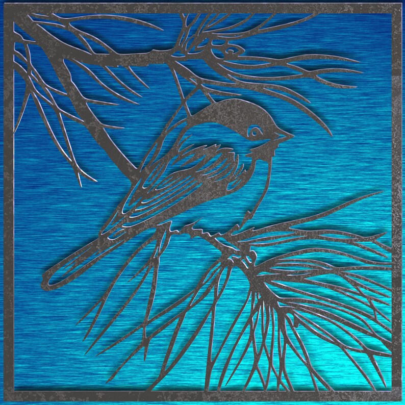 May include: A metal bird silhouette perched on a branch, set against a textured blue background. The bird and branches are a dark gray color, framed within a square border. The artwork evokes a nature theme.