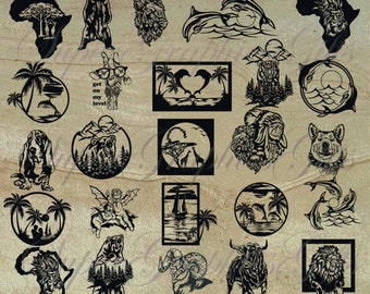 May include: A collection of 25 black and white digital cut files featuring various animal and nature designs. The designs include a bear, a lion, a giraffe, a dolphin, a bull, a ram, a basset hound, a wolf, a deer, a palm tree, a sailboat, and an African continent. The text "Get on my level" is included in one of the designs.