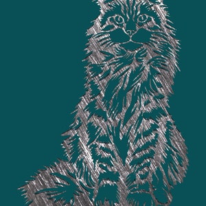 May include: A silver-colored illustration of a long-haired cat sitting with its tail curled around its legs. The cat is facing forward with its eyes open and its mouth closed. The background is a dark teal color.
