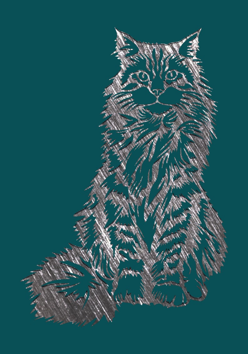 May include: A silver-colored illustration of a long-haired cat sitting with its tail curled around its legs. The cat is facing forward with its eyes open and its mouth closed. The background is a dark teal color.