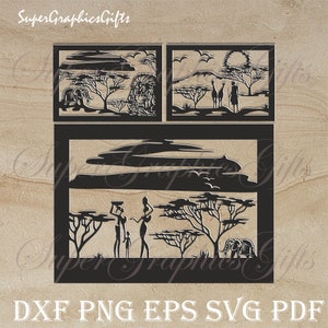 May include: A digital download of three black and white silhouette designs featuring African wildlife and people. The designs include a lion, elephant, giraffe, and people carrying water jugs. The designs are perfect for creating a decorative wall art piece or a unique craft project.