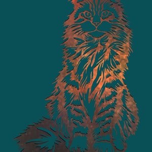 May include: A metal cutout of a cat with a long, fluffy tail. The cat is sitting with its head held high and its eyes looking forward. The cutout is painted in shades of orange and brown, giving it a warm and inviting look.