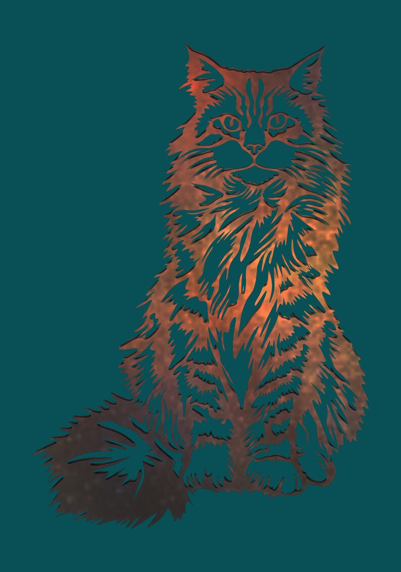May include: A metal cutout of a cat with a long, fluffy tail. The cat is sitting with its head held high and its eyes looking forward. The cutout is painted in shades of orange and brown, giving it a warm and inviting look.