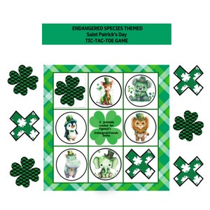 St. Patrick&#39;s Day  Endangered Species Inspired Tic-Tac-Toe Game with 6 x 6 Board Game and 14 Game Pieces (X&#39;s, Animal Themed O&#39;s, & Clovers)
