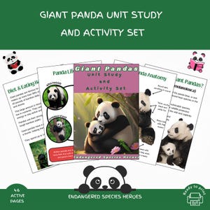 May include: A printable educational unit study and activity set about giant pandas. The cover features a black and white illustration of a mother panda and her cub. The title "Giant Pandas Unit Study and Activity Set" is written in a colourful font. The text "Endangered Species Heroes" is also included.