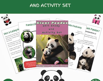 Puede incluir: Un conjunto de estudio de unidad y actividades sobre pandas gigantes, imprimible. La portada presenta una ilustración en blanco y negro de una madre panda y su cachorro. El título "Giant Pandas Unit Study and Activity Set" está escrito en una fuente colorida. El texto "Endangered Species Heroes" también está incluido.