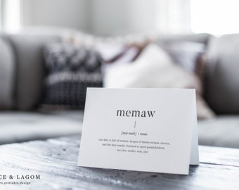 Memaw Definition | Mothers Day Printable Card | Birthday Card | Print at Home