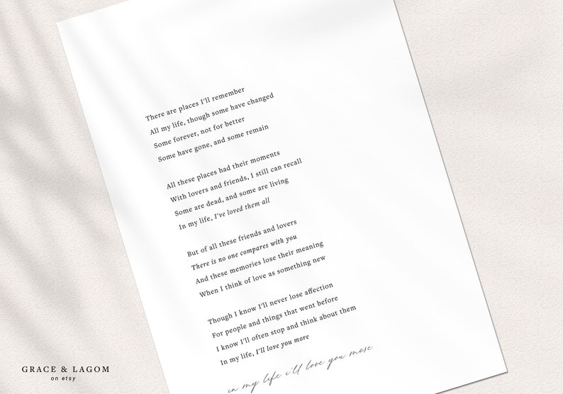 May include: A black and white printable wall art print with a poem about remembering places, friends, and lovers. The poem reads: "There are places I'll remember All my life, though some have changed Some forever, not for better Some have gone, and some remain All these places had their moments With lovers and friends, I still can recall Some are dead, and some are living In my life, I've loved them all But of all these friends and lovers There is no one compares with you And these memories lose their meaning When I think of love as something new Though I know I'll never lose affection For people and things that went before I know I'll often stop and think about them In my life, I'll love you more in my life i'll love you more"