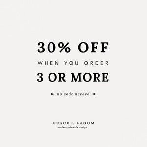 May include: A promotional graphic with the text "30% OFF" in large, bold font. The text "WHEN YOU ORDER 3 OR MORE" is below, with "no code needed" and the brand name "GRACE & LAGOM" at the bottom. The background is a light beige.