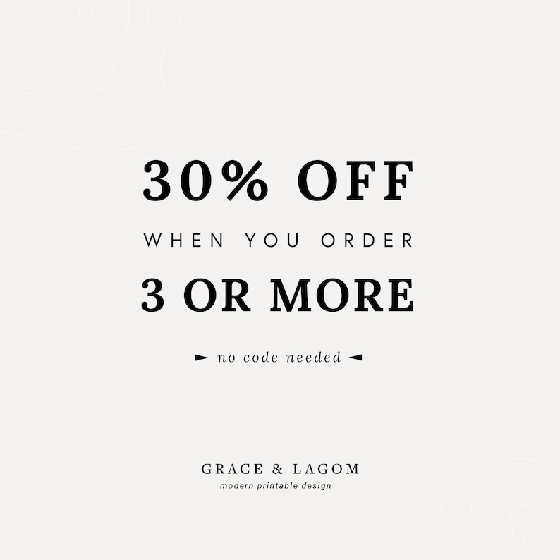 May include: A promotional graphic with the text "30% OFF" in large, bold font. The text "WHEN YOU ORDER 3 OR MORE" is below, with "no code needed" and the brand name "GRACE & LAGOM" at the bottom. The background is a light beige.