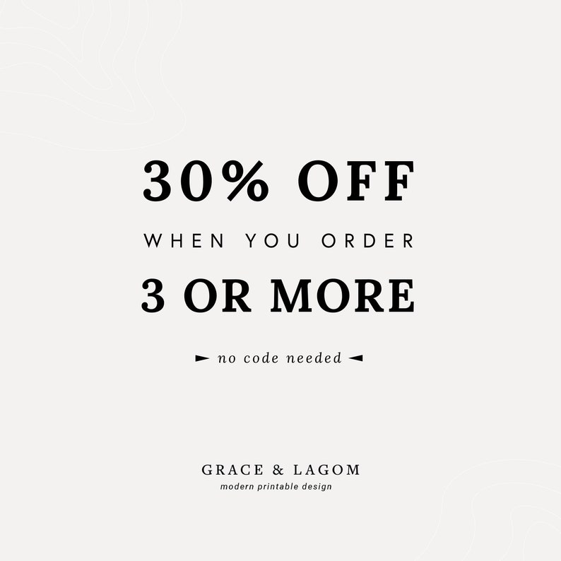May include: Black and white text graphic with the words "30% OFF" in large bold font, followed by "WHEN YOU ORDER 3 OR MORE" in smaller font. The text "no code needed" is centered below the main text.