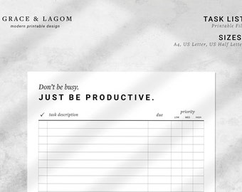 To Do List: Don't Be Busy. Just Be Productive. | A4, US Letter, US Half Letter Printable