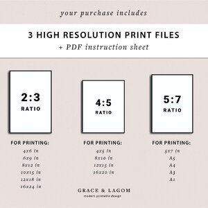 May include: Three printable art print files in different aspect ratios: 2:3, 4:5, and 5:7. The image shows the different sizes available for printing, including inches and standard paper sizes like A1, A3, A4, and A5.