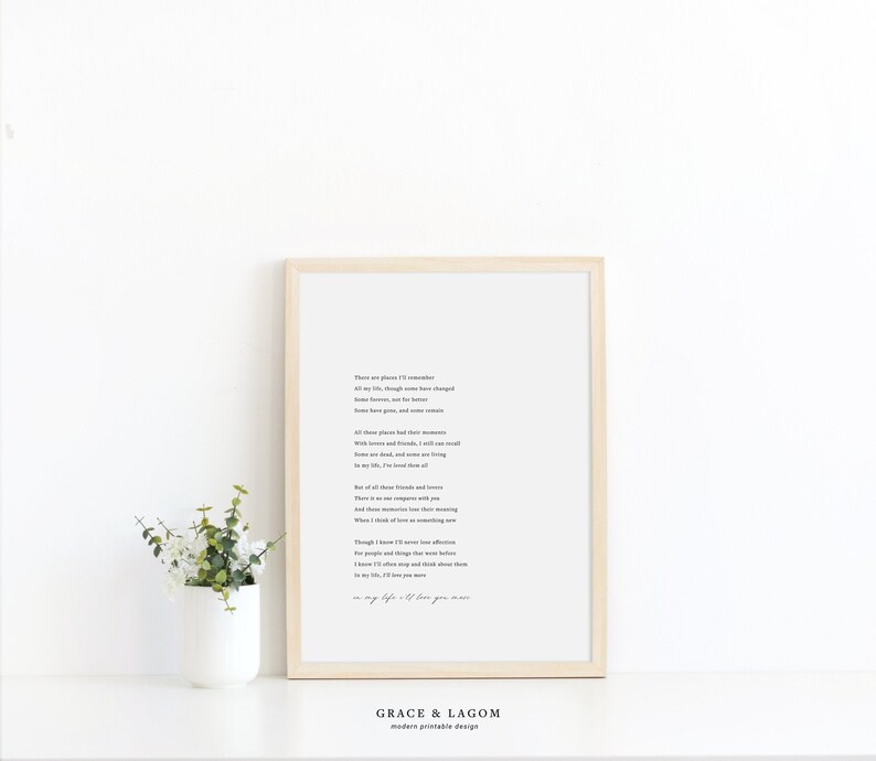 May include: A framed print with a poem about remembering places and people in life. The poem reads, "There are places I'll remember all my life, though some have changed some have stayed, and some have gone, but some have grown, and some remain... In my life, I'll love you more." The print is on a white background and has a light wood frame. The print is sitting on a white surface with a small potted plant in front of it.