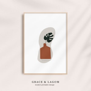Vase with Monstera Print | | Printable Wall Art Neutral | Abstract Art