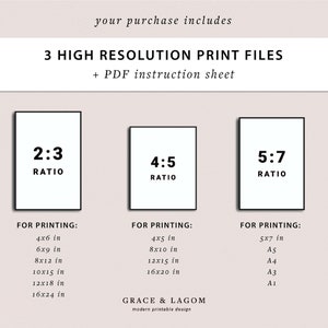 May include: A digital art print file information sheet. The text includes "your purchase includes", "3 HIGH RESOLUTION PRINT FILES + PDF instruction sheet", and print sizes in inches for 2:3, 4:5, and 5:7 ratios. The design is by Grace & Lagom.