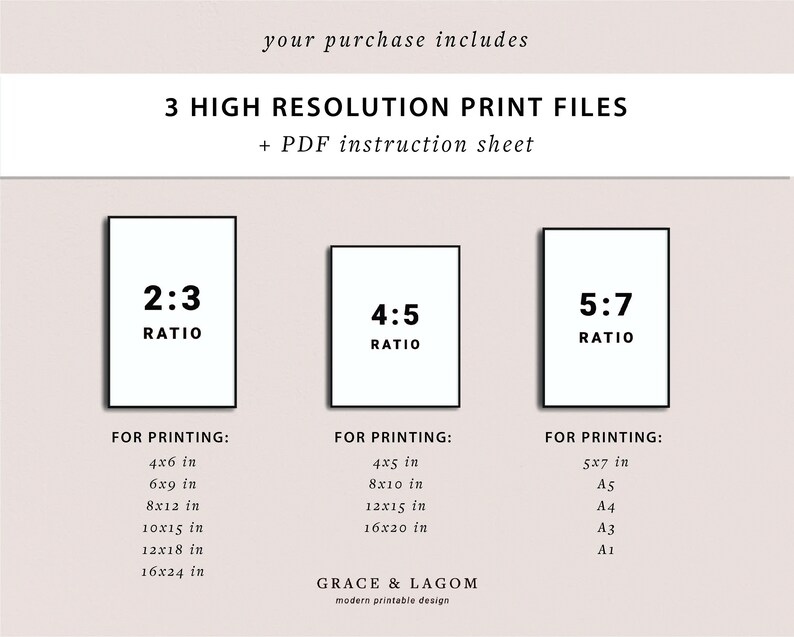 May include: A digital art print file information sheet. The text includes "your purchase includes", "3 HIGH RESOLUTION PRINT FILES + PDF instruction sheet", and print sizes in inches for 2:3, 4:5, and 5:7 ratios. The design is by Grace & Lagom.