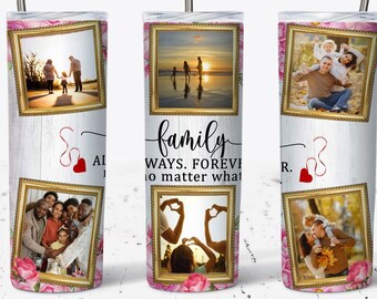 20oz Skinny Tumbler Family (6) Photo Glitter Sublimation Design Templates, Floral Photo Tumbler Straight/Warped PNG File Digital Download