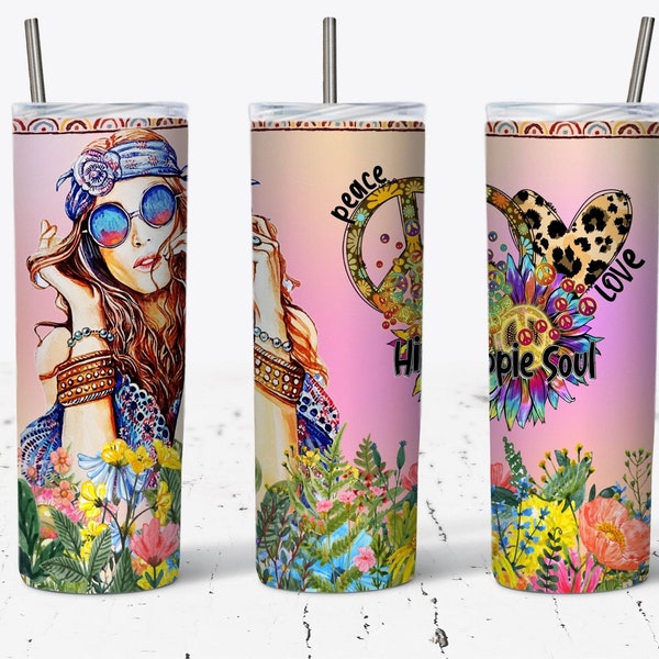 Hippie Girl Hippie Soul Peace Love 20oz Skinny Tumbler Wrap -Boho Tumbler-Gypsy gift Bohemian Gift For Her, Gift For Hippie Friend