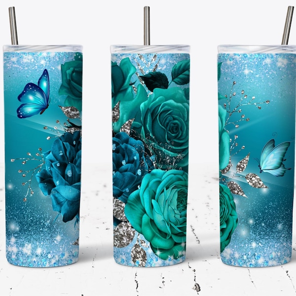 Teal Roses Butterfly Sparkle  Glitter 20oz Tumbler Wrap PNG Download, Flowers Tumbler Wrap PNG, 20oz Tumbler PNG, Glitter Tumbler