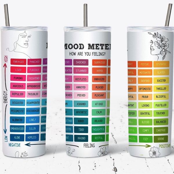 Mood Meter Design 20 oz Skinny Tumbler Design Sublimation, Daily Motivation, Feelings Chart, Mental Health Tumbler Png, Self Regulation, CBT