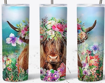 Highland Cow Tumbler 20oz Tumbler Sublimation Design PNG for Straight Tumbler PNG File, Digital Download, Watercolor Floral Highland Cow