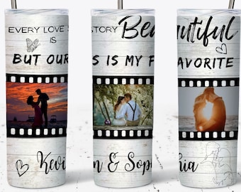 Modello per bicchiere fotografico "Every Love Story Couples" Aggiungi le tue foto 3 scomparti per foto, bicchiere sottile da 20 oz con pellicola a sublimazione, cornice per foto Polaroid