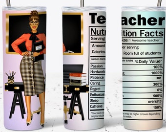 Teacher Nutrition Facts Sublimation Design for 20 oz. Skinny Tumbler, Back to School Teacher Tumbler Wrap Template PNG Instant Download