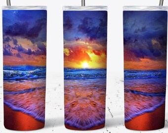 20 oz Skinny Tumbler Sublimation Design Template Beach Sunset Tumbler Design Straight & Tapered Digital Download PNG, Tumbler Wrap