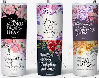 Floral Bible Verse Affirmations Sublimation Design, 20oz Skinny Tumbler Sublimation Design, Christian Tumbler Wrap, Bible Verse Tumbler PNG