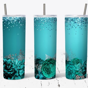 Teal Roses Holográfico Glitter Tumbler Wrap, Teal Glitter Sublimation Design PNG, 20 oz Skinny Tumbler, Sparkle Tumbler Design PNG