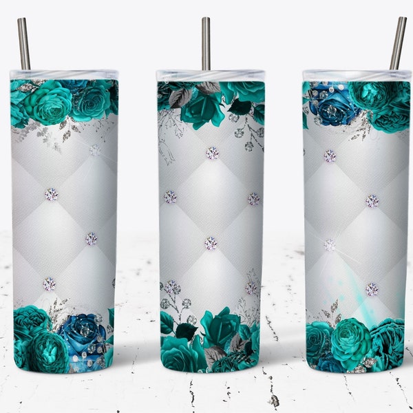 Luxury Turquoise Roses 20oz Skinny Tumbler Sublimation Design, Tumbler Straight PNG Digital Download, Floral Patterns, Diamond Tufted