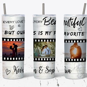 Every Love Story Couples Photo Tumbler Template Add Your Photos 3 Photo Slots, 20 oz Skinny Tumbler Sublimation Wrap, Polaroid Picture Frame