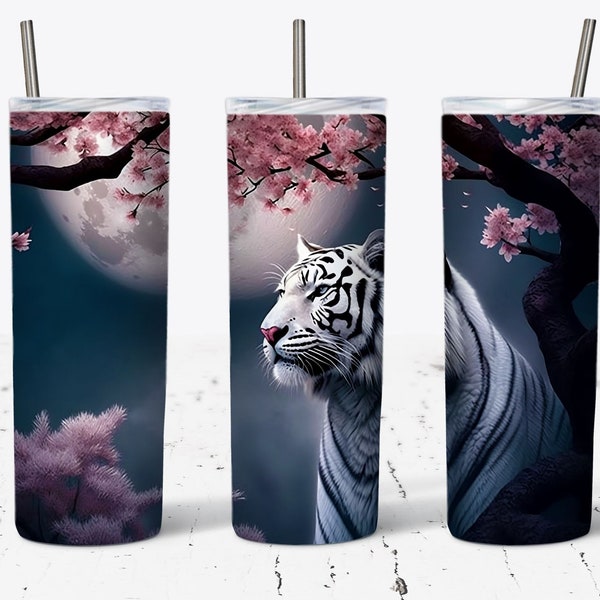 Majestic White Tiger 20oz Skinny Tumbler, Cherry Blossom Tree PNG Sublimation Wrap Design, White Tiger Tumbler Wrap, PNG Digital Download