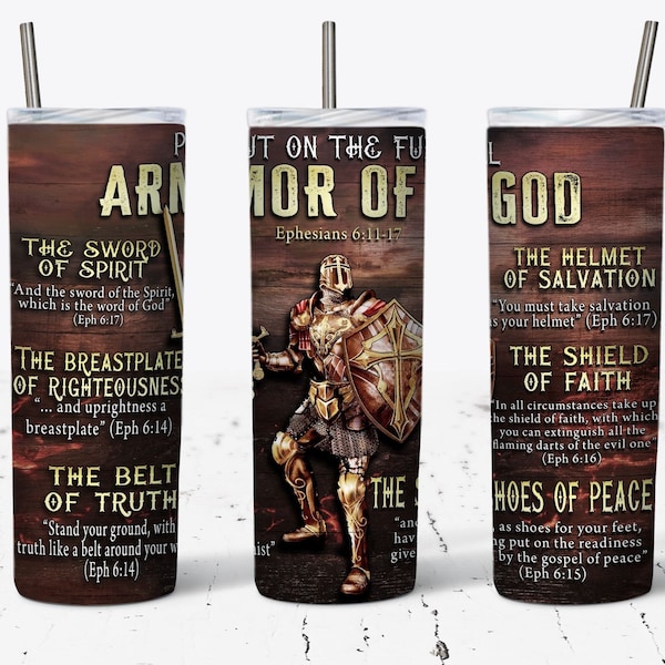 Armor of God 20oz Skinny Tumbler Sublimation Design, Religious Tumbler Wrap, Warrior of God, Christian Tumbler Wrap, PNG Digital Download