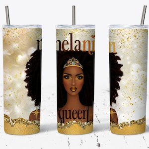 Beautiful Black Woman Sublimation Design Wraps for 20 oz Skinny Tumbler - PNG Download DIGITAL, Melanin Queen Png, Afro American Women Gift