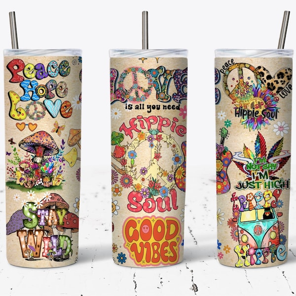 Hippie Vibes Cup, Hippie Soul Peace Love 20oz Skinny Tumbler Wrap -Boho Tumbler-Gypsy Gift, Bohemian Gift For Her, Hippie Tumbler Wrap