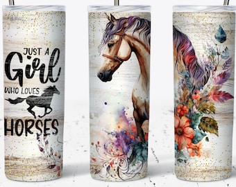 May include: Three stainless steel tumblers with a white background and gold glitter. The tumbler on the left has the text "Just a Girl who loves Horses" with a silhouette of a horse running. The tumbler in the middle has a watercolor painting of a brown and white horse with a purple, blue, and green floral design. The tumbler on the right has a watercolor painting of a horse's mane with a floral design in shades of red, orange, yellow, and purple.