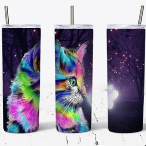 Regenbogen Katze mit leuchtenden Schmetterling, Katze Tumbler Wrap, 20 oz Skinny Tumbler Wrap, süße Katze Sublimation, Katze Tumbler PNG digitaler Download