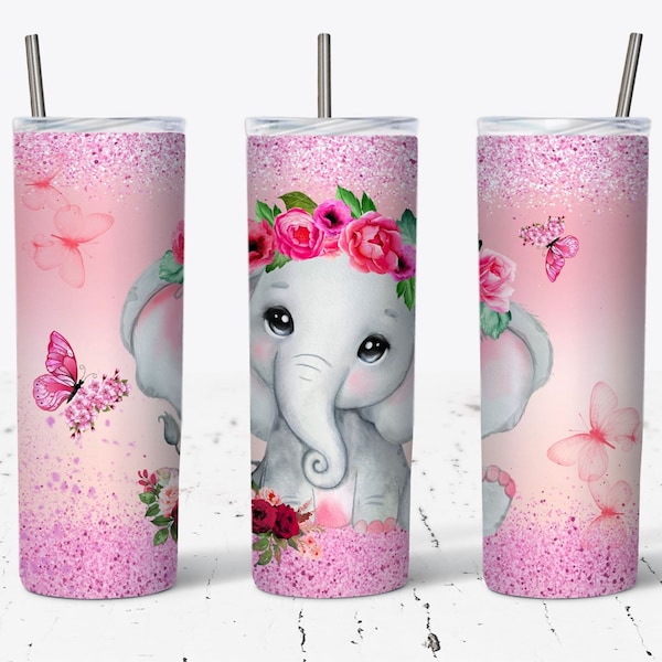 Baby Pink Elephant 20oz Skinny Tumbler Sublimation Designs PNG, Baby Elephant Sublimation Tumbler, Kids Tumbler, Elephant Tumbler Wrap