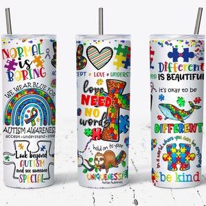 Copo de autismo, design de copo magro de 20 onças, envoltório de autismo PNG, conscientização sobre autismo, design de envoltório de copo, envoltório de copo de arco-íris, copo de conscientização