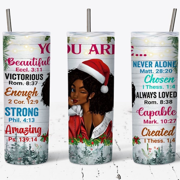 Black Girl Magic Merry Christmas Sublimation Design Wraps for 20 oz Skinny Tumbler - PNG Download, Melanin Christmas, Afro Christmas Queen