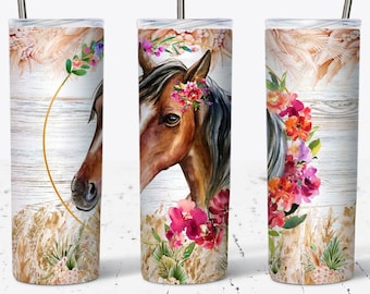 Blumenpferd 20 Unzen Skinny Tumbler Design, Pferdebecher Wrap, Pferdeliebhaber Geschenk, Pony Tumbler, PNG Dateien Digitaler Download