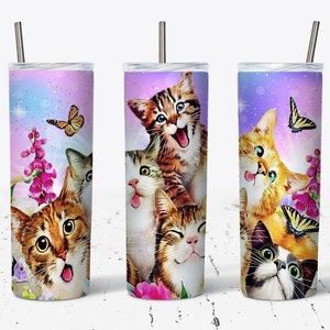 Cute Kitty Cat With Butterfly Tumbler Template Png, Cat Tumbler Design, 20 oz Skinny Tumbler Wrap, Flowers Tumbler Wrap, Kids Tumbler Wrap