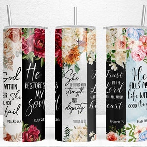 Floral Bible Verse Affirmations Sublimation Design, 20oz Skinny Tumbler Sublimation Design, Christian Tumbler Wrap, Bible Verse Tumbler PNG