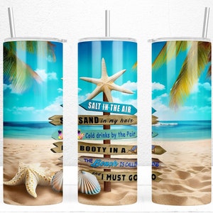 Diseño de sublimación de vaso de sal en el aire, arena en mi cabello, envoltura de vaso de playa, envoltura de vaso flaco de 20 oz, descarga digital PNG