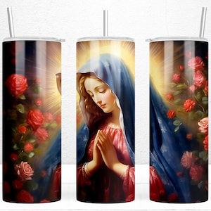 Virgin Mary Tumbler Wrap, 20oz Skinny Tumbler Design, Our Lady of Guadalupe With Roses, Faith Tumbler Wrap, PNG Instant Download