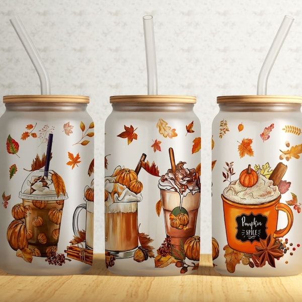 Fall Coffee Pumpkin Spice Latte 16 oz Libbey Glass Can Tumbler Sublimation Design, Warm Cozy Autumn Orange Pumpkin, Can Tumbler Design PNG